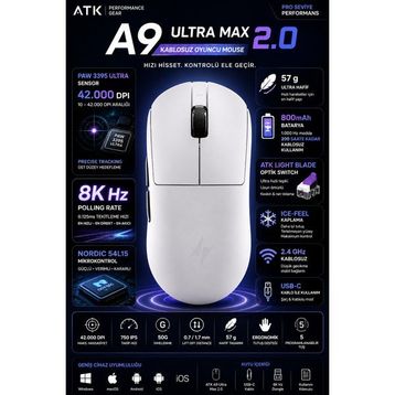 ATK Dragonfly A9 Ultra Max 2.0 Beyaz Optik Şarjlı Kablolu/Kablosuz Gaming Mouse