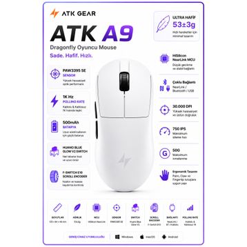 ATK Dragonfly A9 Ultra Max 2.0 Beyaz Optik Şarjlı Kablolu/Kablosuz Gaming Mouse