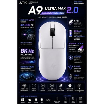 ATK Dragonfly A9 Ultra Max 2.0 Beyaz Optik Şarjlı Kablolu/Kablosuz Gaming Mouse