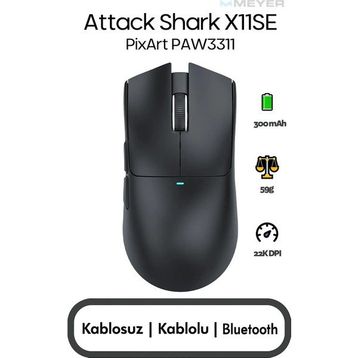Attack Shark X11SE Siyah Şarjlı Optik Kablolu/Kablosuz Gaming Mouse