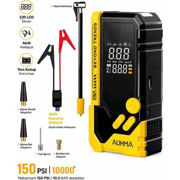 Auhma A8844 10.000Mah Powerbank Led Fener 150 Psı Sarı Akü Takviye Cihazı Hava Kompresörü