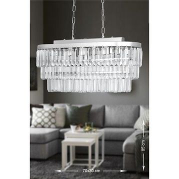 Avize Moda Linsa Kristal Cam Taşlı 70x30 cm Gümüş Yaldız 6'lı Yemek Masası Üstü Lüks Avize