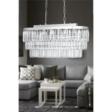 Avize Moda Linsa Kristal Cam Taşlı 70x30 cm Gümüş Yaldız 6'lı Yemek Masası Üstü Lüks Avize