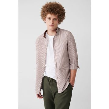 Avva A31Y2084 Kahverengi Seersucker Alttan Düğmeli Yaka Çizgili Slim Fit Erkek Gömlek