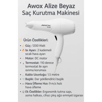 Awox Alize Siyah Saç Kurutma Makinesi + Dar Şekillendirici Başlık