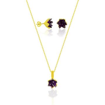 Aykat 423 Lotus Çiçeği Küpe ve Kolyesi Sarı Yaldızlı Ametist Taşlı Gümüş Bayan Set