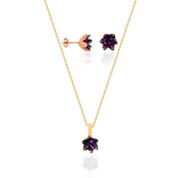 Aykat 423 Lotus Çiçeği Küpe ve Kolyesi Sarı Yaldızlı Ametist Taşlı Gümüş Bayan Set
