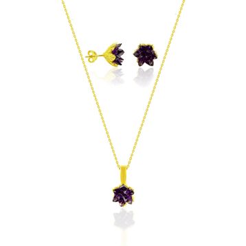 Aykat 423 Lotus Çiçeği Küpe ve Kolyesi Sarı Yaldızlı Ametist Taşlı Gümüş Bayan Set