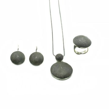 Aykat SET-255 Telkari Gümüş Set Yüzük Küpe Kolye Oksitli Kadın Gümüş Set