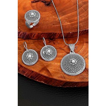 Aykat SET-287 Telkari 925 Ayar Oksitli Üçlü Set Küpe Kolye Gümüş Yüzük
