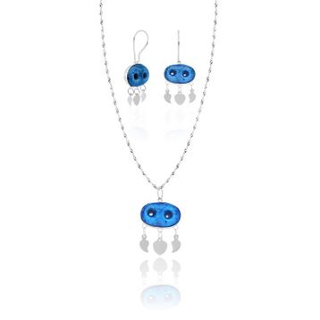 Aykat SET-429 İki Gözlü Nazarlık Kolye ve Küpe Gümüş Takımı