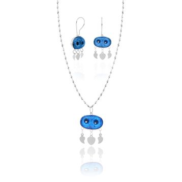 Aykat SET-429 İki Gözlü Nazarlık Kolye ve Küpe Gümüş Takımı