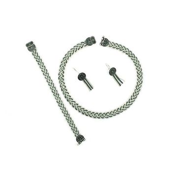 Aykat TKM-207 Kadın Midyat Hasırı Gümüş Takım Küpe Bileklik Kolye Set Oksitli Örgülü Takım
