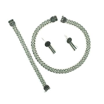 Aykat TKM-207 Kadın Midyat Hasırı Gümüş Takım Küpe Bileklik Kolye Set Oksitli Örgülü Takım