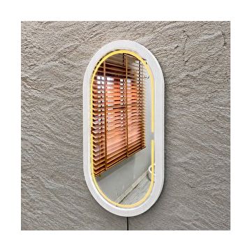 Aypars Atölye 68x119 cm Beyaz Sarı El Yapımı Masif Ahşap Çerçeveli Yuvarlak Modern İskandinav Tarzı Duvar Aynası
