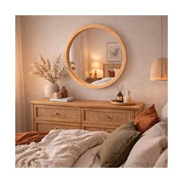 Aypars Atölye 70x70 cm Çam El Yapımı Masif Ahşap Çerçeveli Yuvarlak Modern İskandinav Tarzı Duvar Aynası