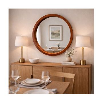 Aypars Atölye 70x70 cm Pelesenk Kahverengi El Yapımı Masif Ahşap Çerçeveli Yuvarlak Modern İskandinav Tarzı Duvar Aynası