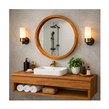 Aypars Atölye 70x70 cm Tik El Yapımı Masif Ahşap Çerçeveli Yuvarlak Modern İskandinav Tarzı Duvar Aynası