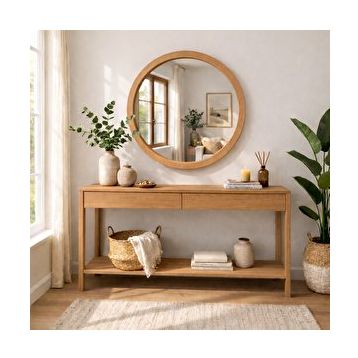Aypars Atölye 80x80 cm Kayın El Yapımı Masif Ahşap Çerçeveli Yuvarlak Modern İskandinav Tarzı Duvar Aynası