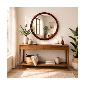 Aypars Atölye 80x80 cm Maun Kahverengi El Yapımı Masif Ahşap Çerçeveli Yuvarlak Modern İskandinav Tarzı Duvar Aynası