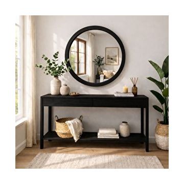 Aypars Atölye 80x80 cm Siyah El Yapımı Masif Ahşap Çerçeveli Yuvarlak Modern İskandinav Tarzı Duvar Aynası