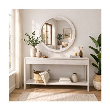 Aypars Atölye 90x90 cm Beyaz El Yapımı Masif Ahşap Çerçeveli Yuvarlak Modern İskandinav Tarzı Duvar Aynası