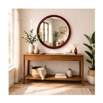 Aypars Atölye 90x90 cm Maun Kahverengi El Yapımı Masif Ahşap Çerçeveli Yuvarlak Modern İskandinav Tarzı Duvar Aynası