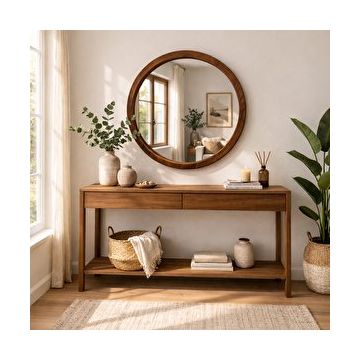 Aypars Atölye 95x95 cm Ceviz El Yapımı Masif Ahşap Çerçeveli Yuvarlak Modern İskandinav Tarzı Duvar Aynası