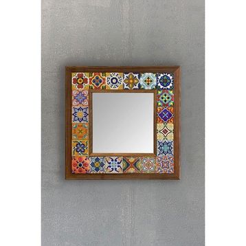 AyrStore Oscar Stone Ahşap Çerçeveli Mozaik Doğaltaş Ayna Mosaic Mirror 33x33 cm Dresuar Aynası