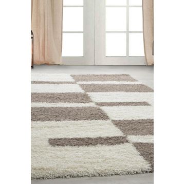 Ayyıldız Desenli Kareli Ve Çizgili Motif 3 cm Hav Yüksekliği Bej Ve Krem Renkli 80x250 cm Shaggy Halı