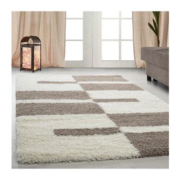 Ayyıldız Desenli Kareli Ve Çizgili Motif 3 cm Hav Yüksekliği Bej Ve Krem Renkli 80x250 cm Shaggy Halı