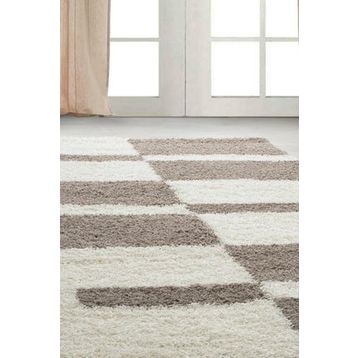 Ayyıldız Desenli Kareli Ve Çizgili Motif 3 cm Hav Yüksekliği BejVe Krem Renkli 100x200 cm Shaggy Halı