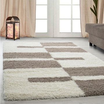 Ayyıldız Desenli Kareli Ve Çizgili Motif 3 cm Hav Yüksekliği BejVe Krem Renkli 100x200 cm Shaggy Halı