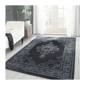 Ayyıldız Klasik Desenli İran Tarzı Madalyon Süsleme Siyah Gri Beyaz Renkler 160x230 cm Halı