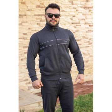 Azıcık Akıllı 21EESTBBKT Antrasit Antrasit Dik Yaka Nakış Detaylı Rahat Kalıp Fermuarlı Erkek Eşofman Takımı