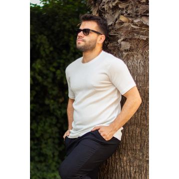 Azıcık Akıllı 23ETSHTARP Beyaz Krep Kumaş Rahat Salaş Esnek Bisiklet Yaka Erkek T-Shirt