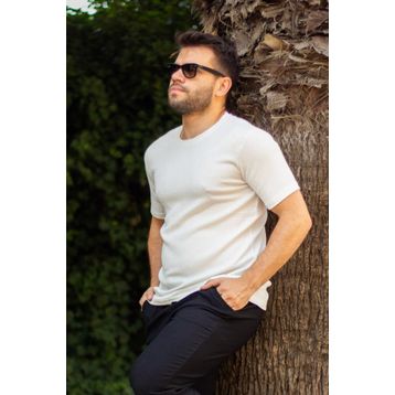 Azıcık Akıllı 23ETSHTARP Beyaz Krep Kumaş Rahat Salaş Esnek Bisiklet Yaka Erkek T-Shirt