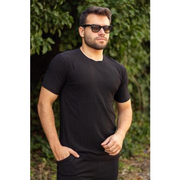 Azıcık Akıllı 23ETSHTARP Siyah Krep Kumaş Rahat Salaş Esnek Bisiklet Yaka Erkek T-Shirt