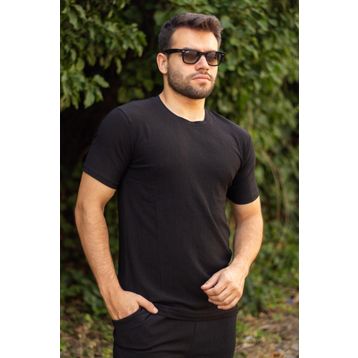Azıcık Akıllı 23ETSHTARP Siyah Krep Kumaş Rahat Salaş Esnek Bisiklet Yaka Erkek T-Shirt
