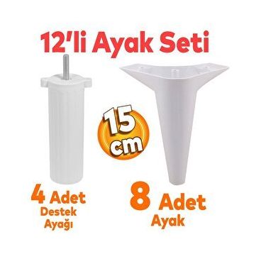 Badem10 Aspen Mobilya Ayağı 12'li Set Robot Süpürge İçin Koltuk Kanepe Destek 15 cm Beyaz Baza Ayak