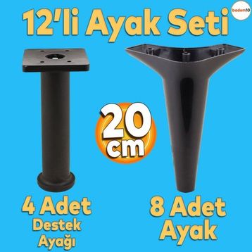 Badem10 Aspen Mobilya Ayağı 12'li Set Robot Süpürge Için Koltuk Kanepe Sehpa Destek 20 cm Siyah Baza Ayak