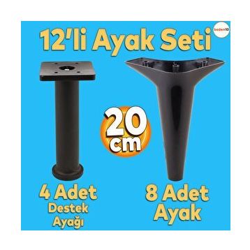 Badem10 Aspen Mobilya Ayağı 12'li Set Robot Süpürge Için Koltuk Kanepe Sehpa Destek 20 cm Siyah Baza Ayak