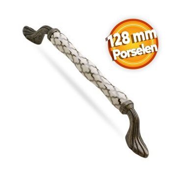 Badem10 Carvent Lüks Porselen Mobilya Çekmece Dolap Kapak 128 mm Beyaz Antik Gümüş Kulp