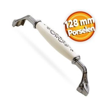Badem10 Eljarana 128 mm Beyaz Krom Lüks Porselen Mobilya Çekmece Dolap Kapak Kulbu
