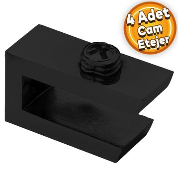 Badem10 Etejeri Metal U Tipi Mat Siyah Metal Vidalı 4 Adet Cam Ahşap Raf Tutucu