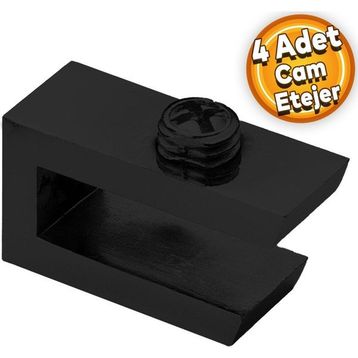 Badem10 Etejeri Metal U Tipi Mat Siyah Metal Vidalı 4 Adet Cam Ahşap Raf Tutucu