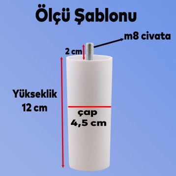 Badem10 Gizli Mobilya Baza Beyaz 12 cm 4 Adet Koltuk Tv Ünitesi Ayak Silindir Kanepe Orta Destek Ayağı