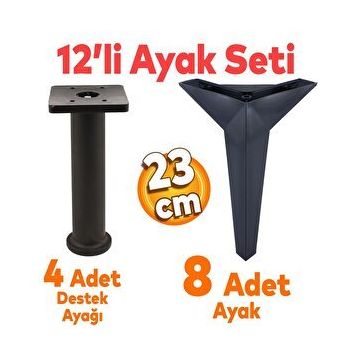 Badem10 Kale Mobilya Ayağı 12'li Set Robot Süpürge İçin Koltuk Kanepe Sehpa Destek 23 cm Siyah Baza Ayak