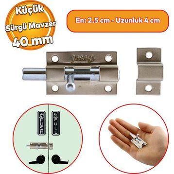 Badem10 Küçük Mavzer Sürgü Sürgülü Sürgüsü Kilit Saten 25x40 mm Kapı Pencere Metal Emniyet Kilidi