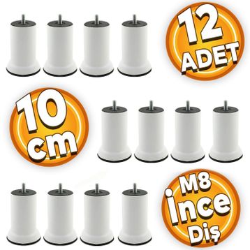 Badem10 M8 Civata Beyaz Metal Ayak 10 cm 12 Adet Mobilya Metal Kanepe Baza Koltuk Destek Ayağı